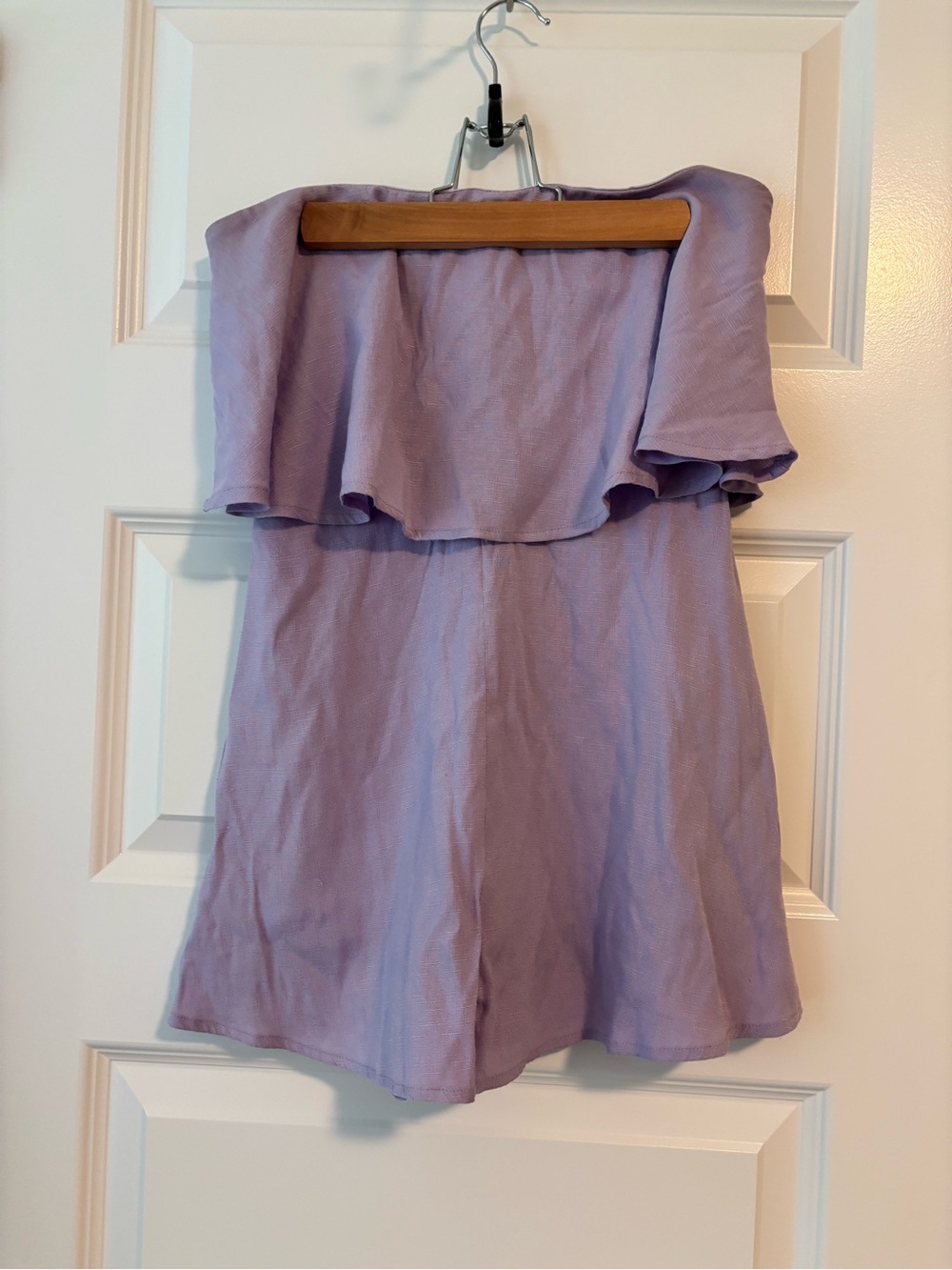 LE LIS Size S Lavender Off the Shoulder Ruffle Romper